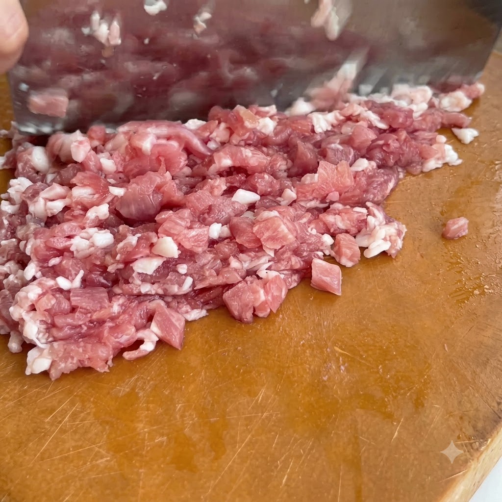 Raw pork meat being chopped into small pieces with a cleaver on a wooden cutting board.