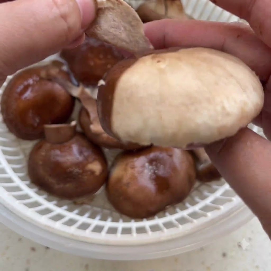 Hands peeling the outer skin off a fresh shiitake mushroom above a strainer.