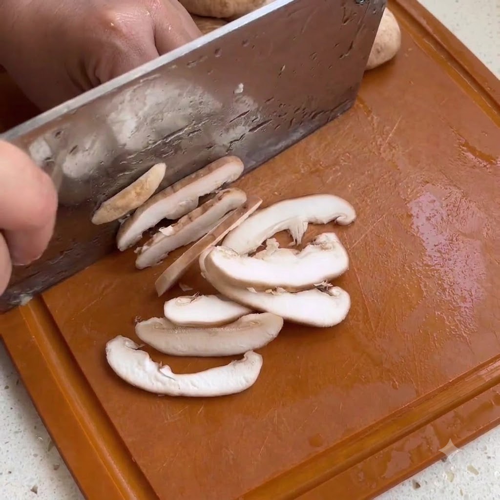 Shiitake mushroom slices being chopped on a wooden cutting board with a kitchen knife.