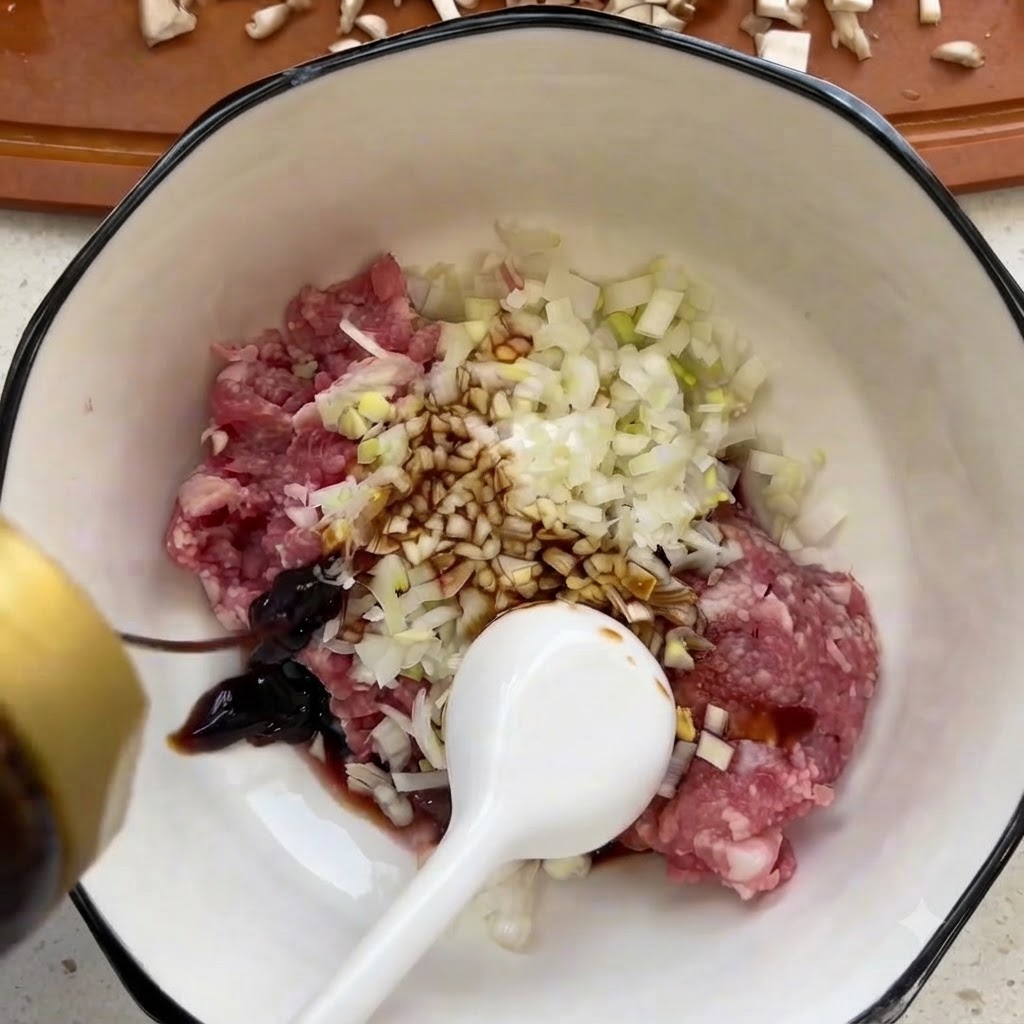 Minced meat in a white bowl being mixed with chopped shiitake mushrooms and liquid seasonings.