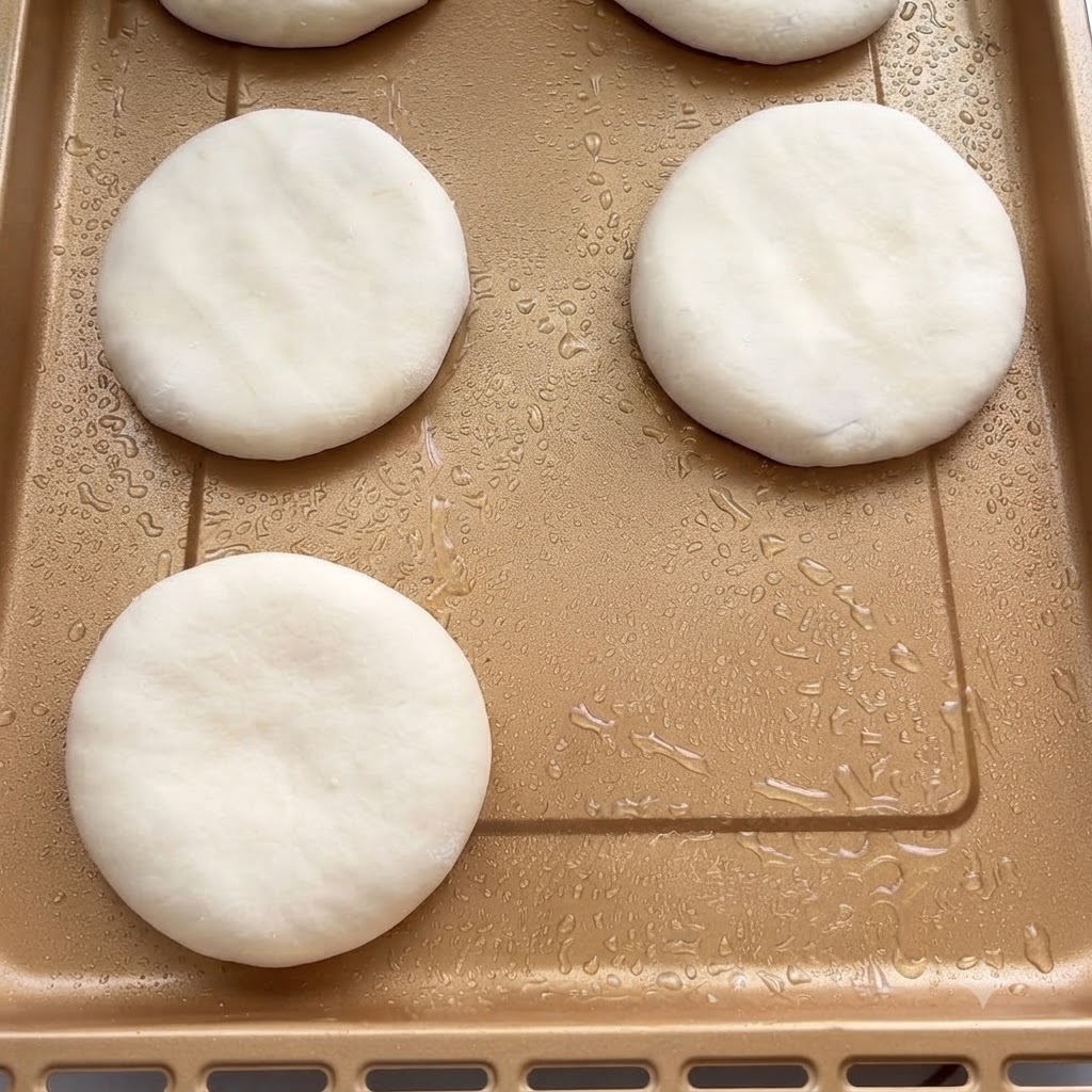 Fermented dough being rolled into a long sheet on a work surface.