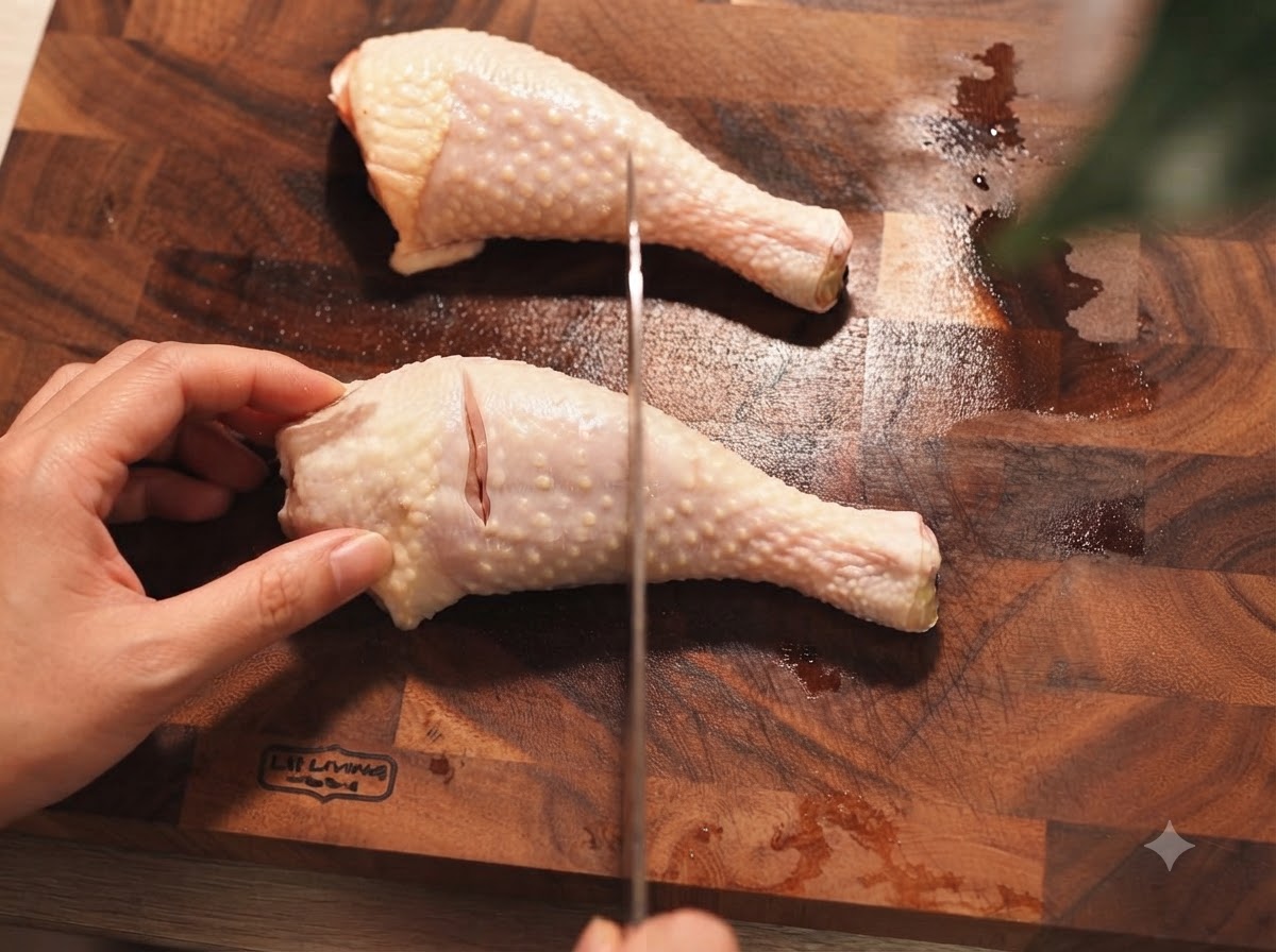 Hands scoring raw chicken drumsticks with a sharp knife on a wooden cutting board.