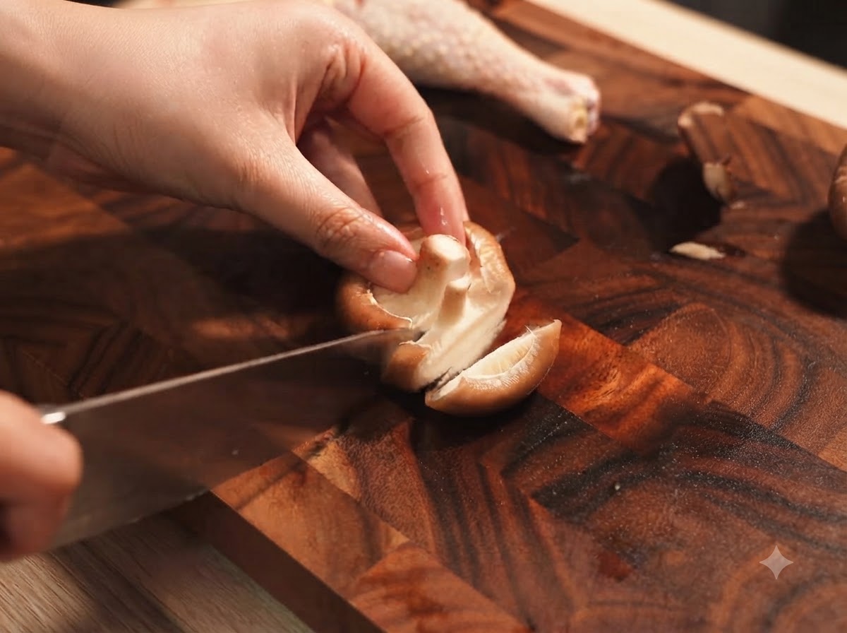 Fresh shiitake mushrooms being sliced with a knife on a wooden cutting board.