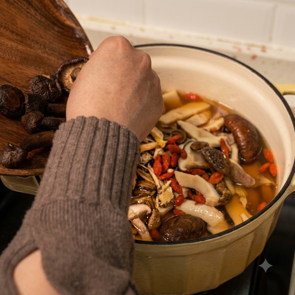 Assorted fresh and rehydrated mushrooms being poured from a wooden plate into the pot.