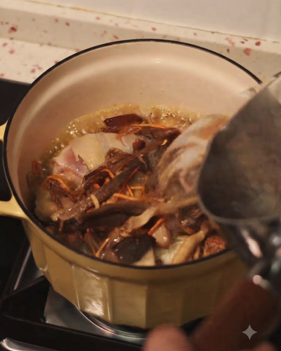 Pouring hot water from a kettle into a pot of pan-fried chicken and mixed mushrooms.