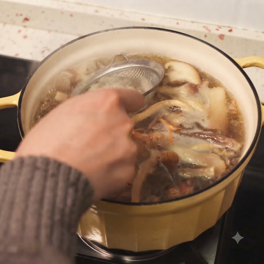 A hand using a mesh strainer to remove foam from a boiling pot of chicken soup.