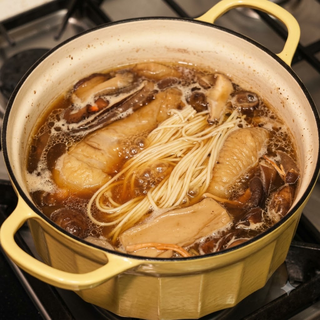 A pot of chicken and mushroom noodle soup cooking on the stove.