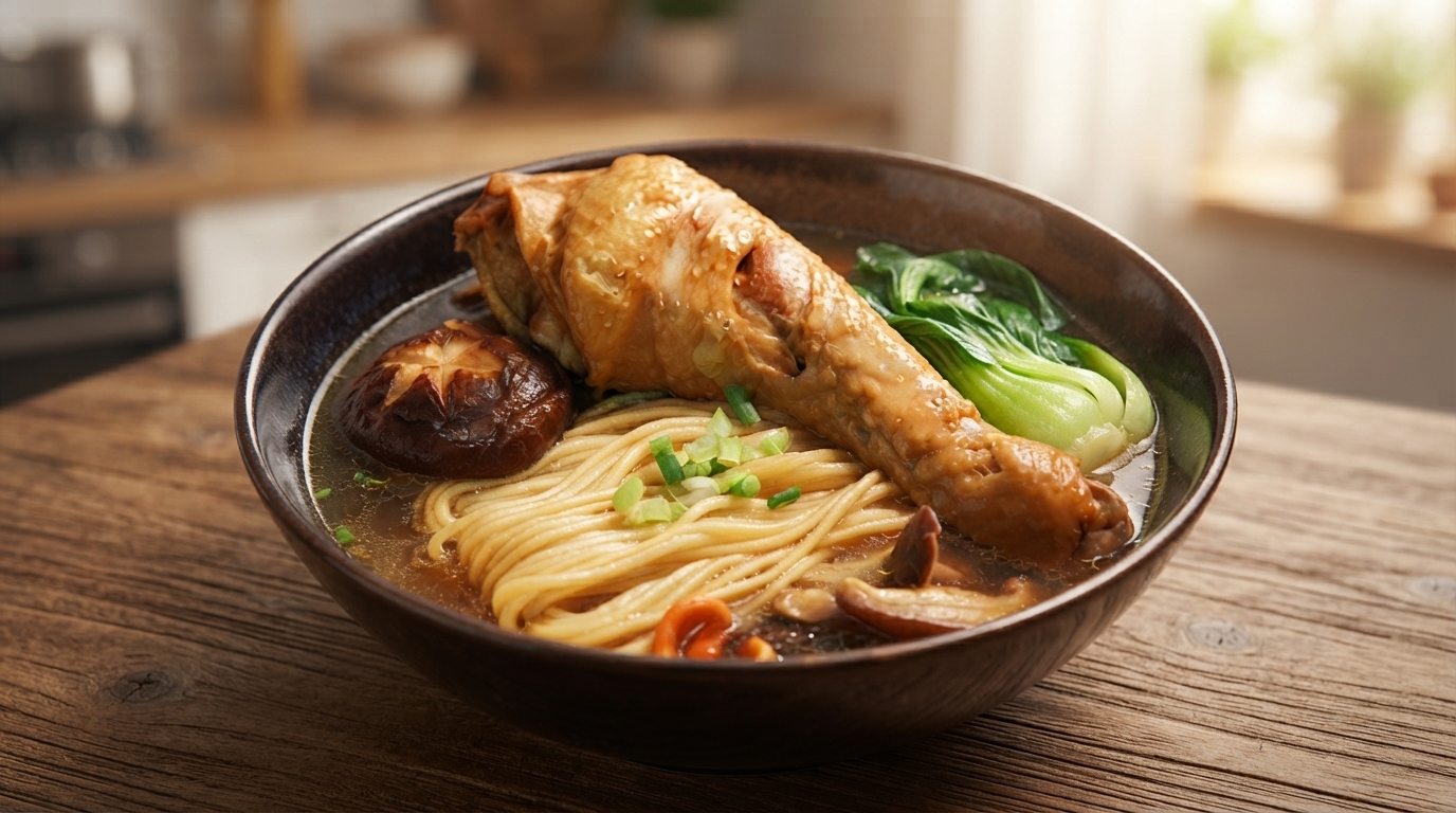 A ceramic bowl filled with steaming chicken noodle soup, a cooked drumstick, shiitake mushrooms, and bok choy in a clear amber broth