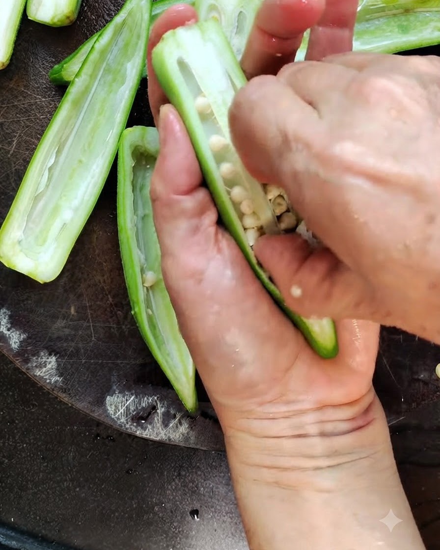 A kitchen knife slicing down the middle of a fresh green okra pod on a wooden board.