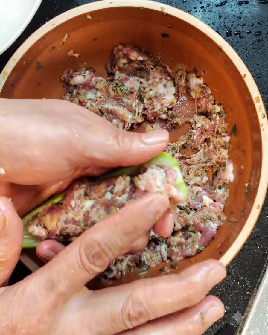 Fingers carefully scooping out the white seeds and spongy core from a halved green okra shell.