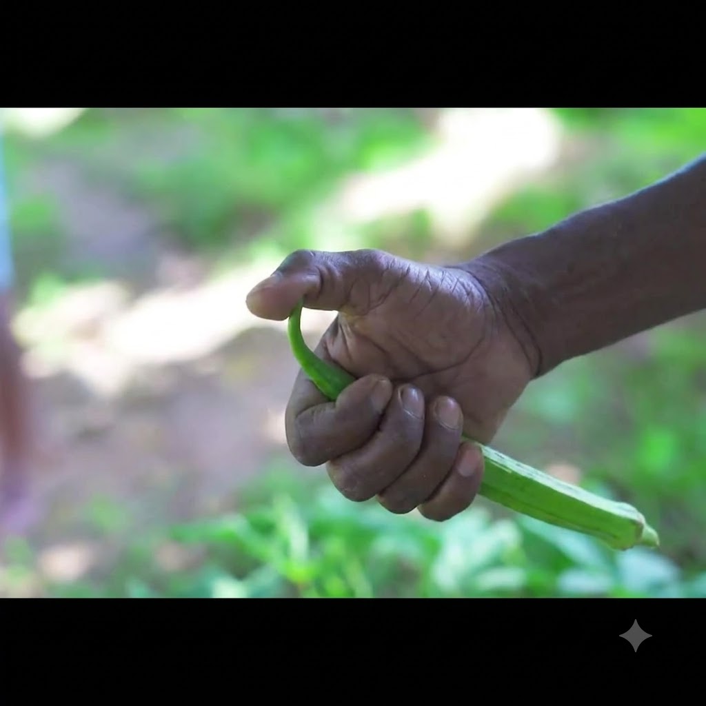 A persons hands holding a raw green okra pod and breaking off the tip.