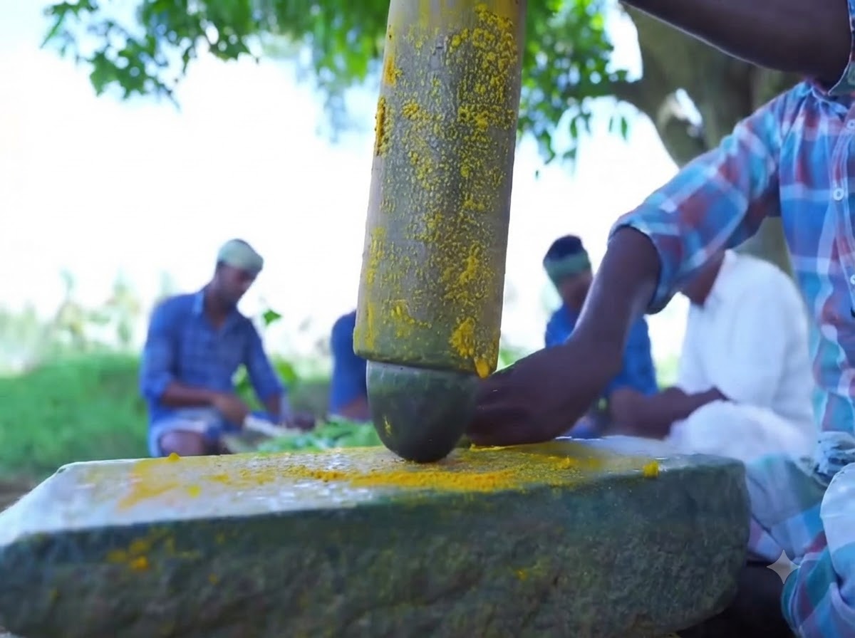 A stone rolling pin crushing raw ginger into a yellow paste on a stone slab.