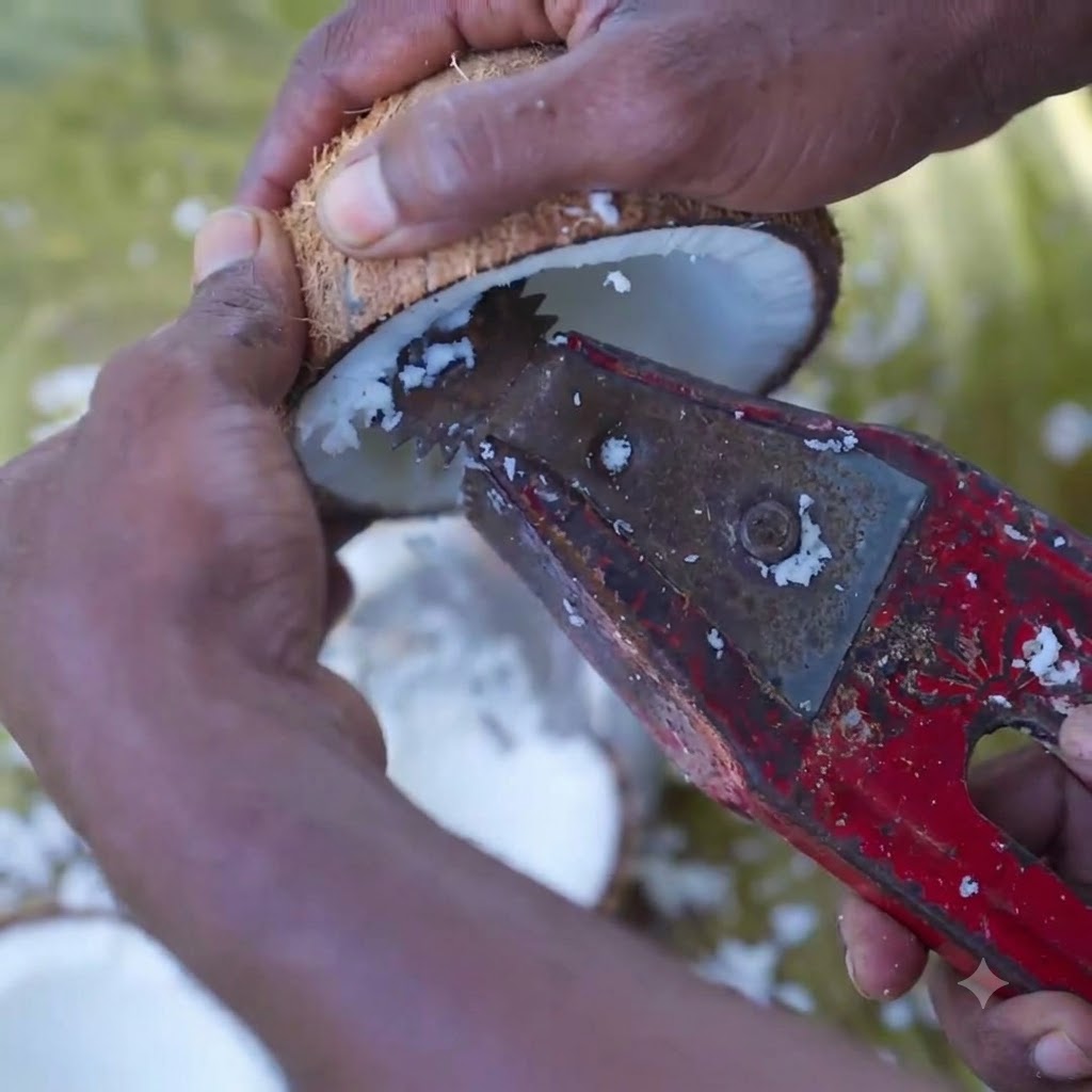 A close-up view of fresh white coconut meat being scraped out of a coconut half using a traditional metal hand scraper.