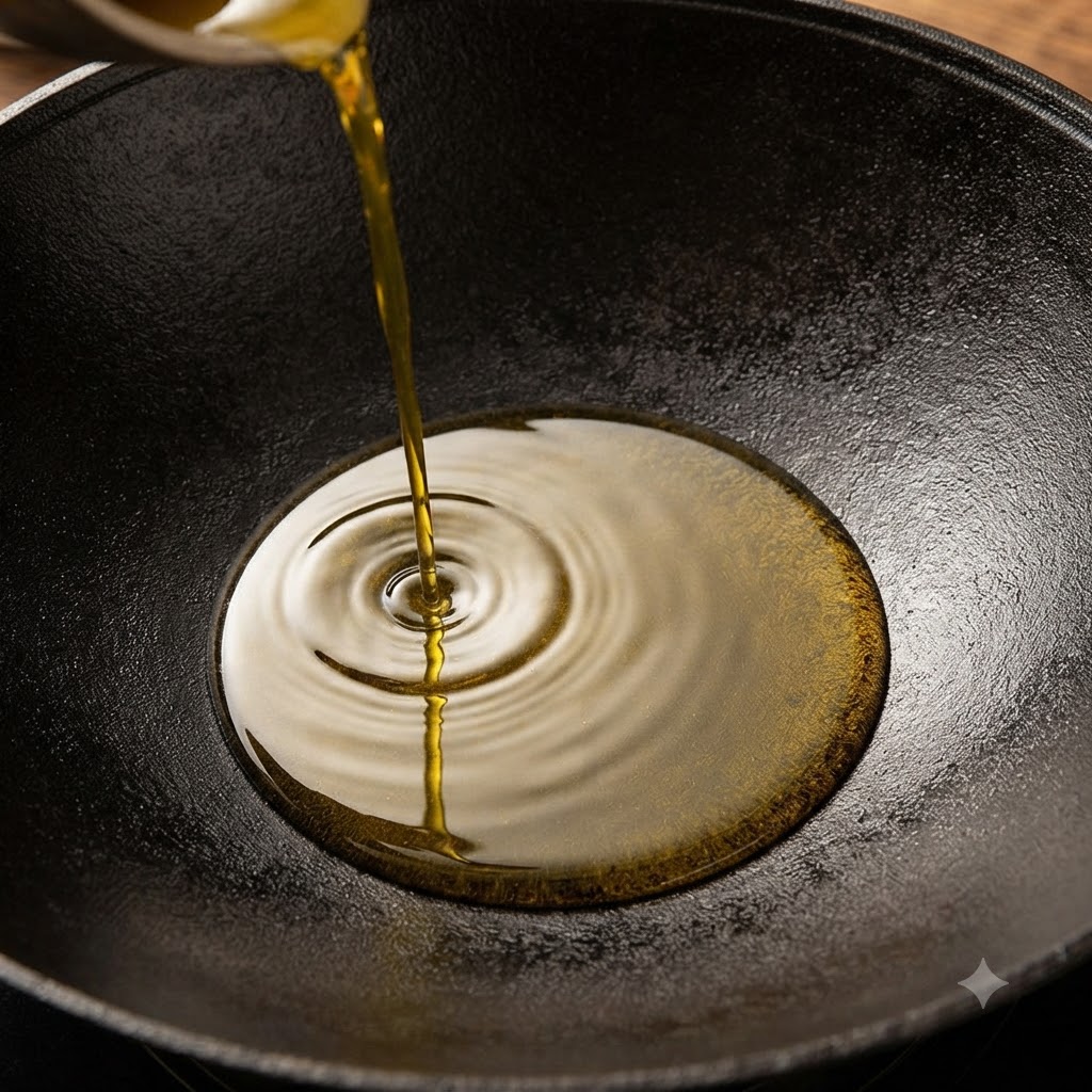 Cooking oil being poured from above into a large, seasoned black iron wok, creating ripples across the surface.