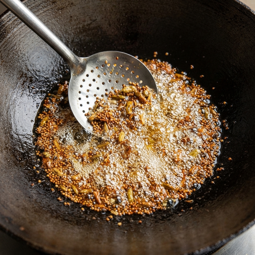 Mustard seeds and lentils frying and bubbling vigorously in hot oil inside a large iron wok, stirred with a slotted spoon.