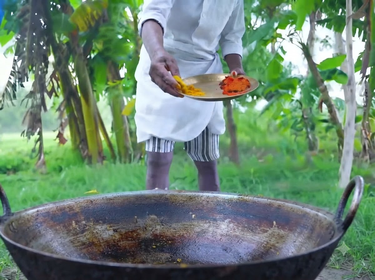 A chef holding a brass plate with yellow ginger paste and red chili paste above a large iron pot.
