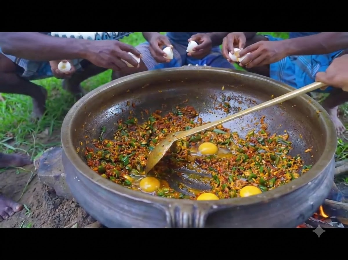 Multiple hands cracking raw eggs directly into a large iron pot filled with a spiced vegetable mixture.