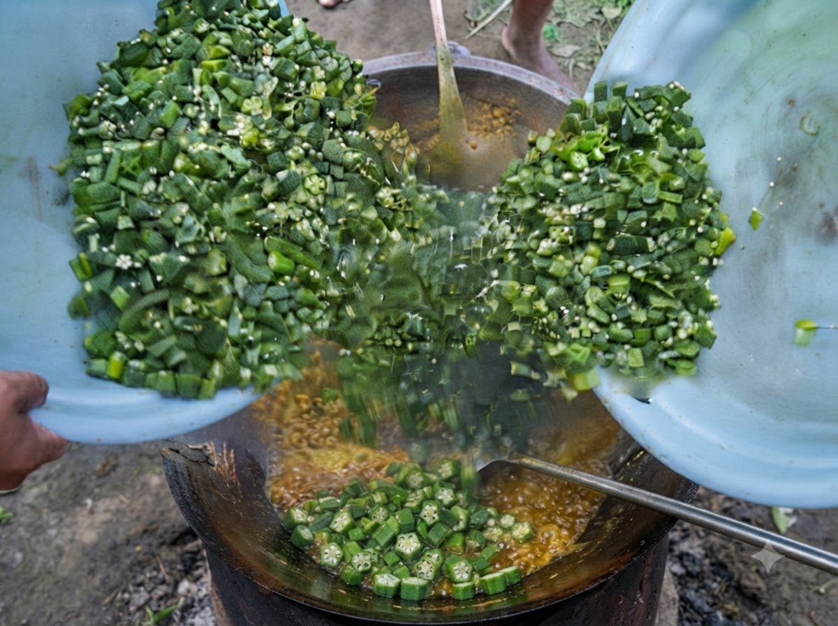 Two blue basins pouring chopped green okra into a large iron pot containing the cooked egg and spice mixture.