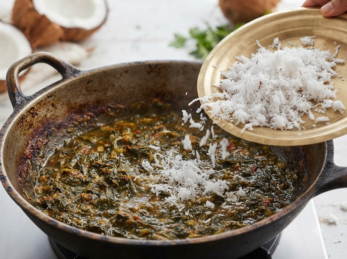 A brass plate holding freshly grated white coconut being sprinkled into a simmering dark pot of food.