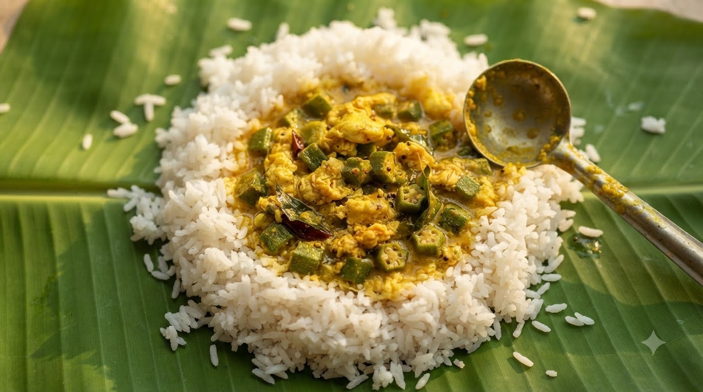 A serving of Indian-style okra and egg curry ladled over fluffy white rice on a fresh green banana leaf.