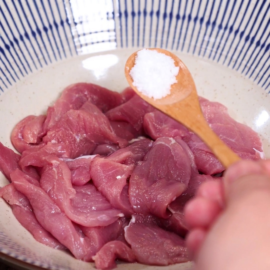 A wooden spoon adding salt to a bowl of thinly sliced raw pork.