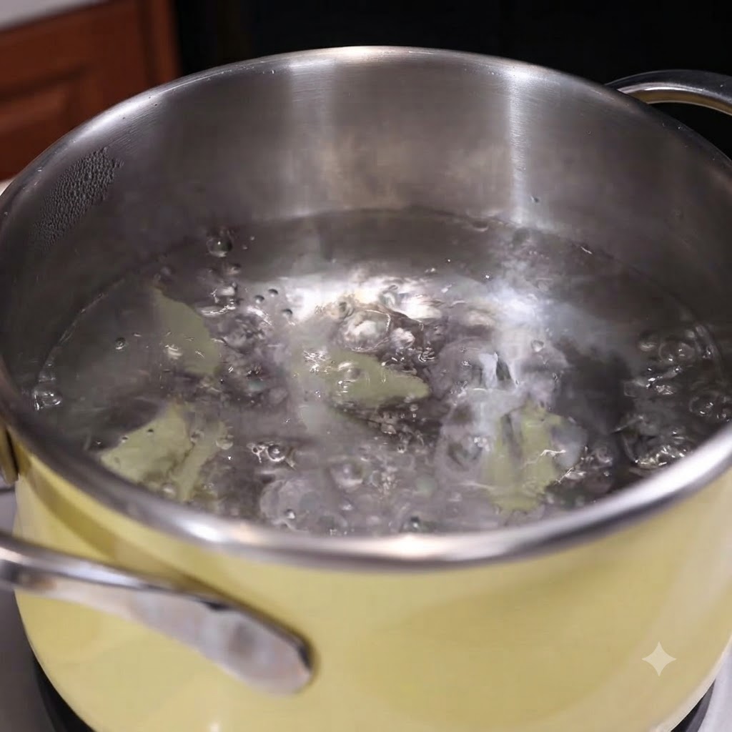 Clams and tofu cubes simmering in a pot of boiling water with ginger slices.