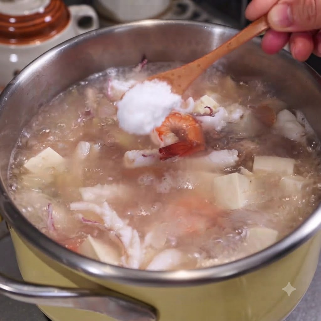 A spoonful of salt being added to a simmering pot of seafood and tofu soup.