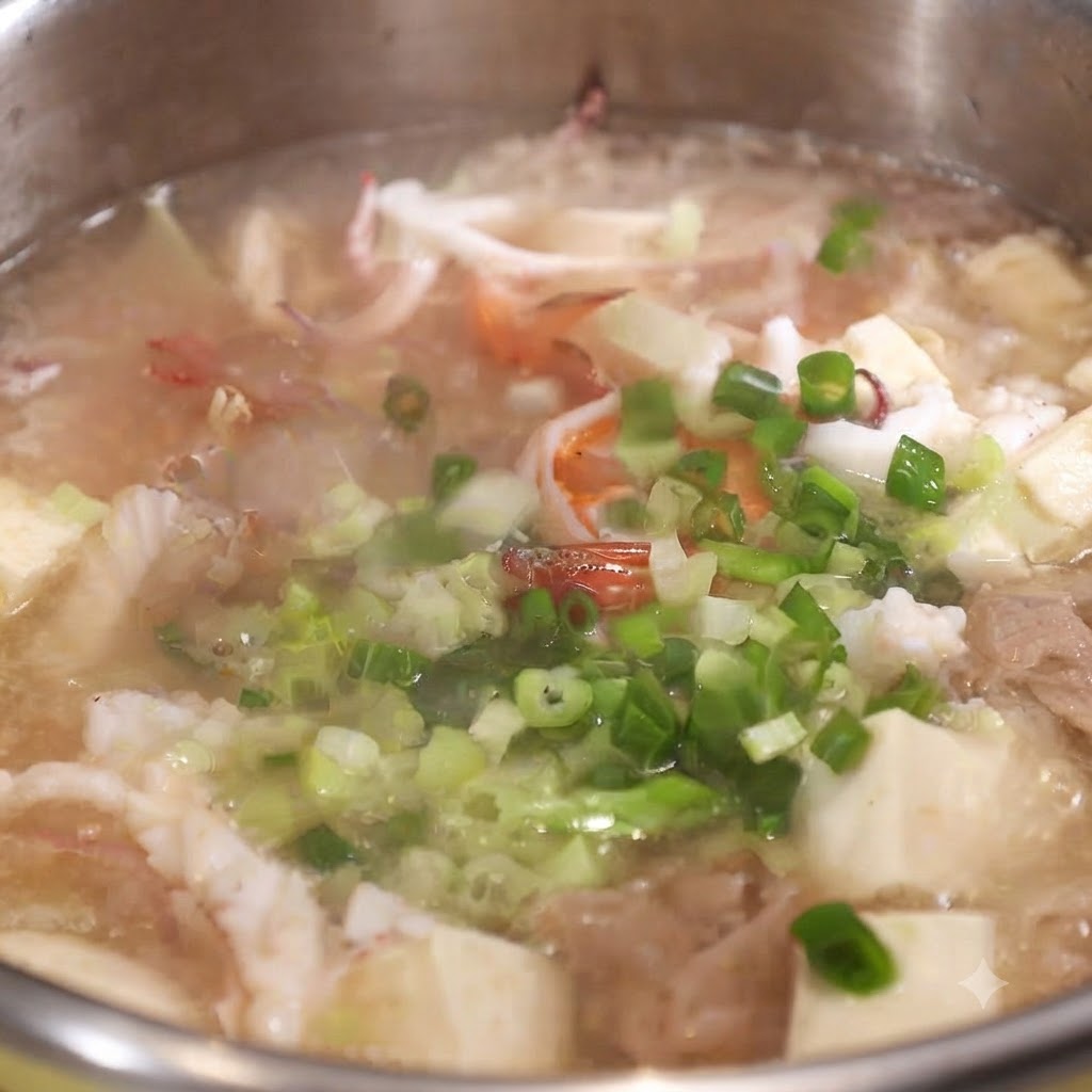 Chopped green onions and celery scattered over the top of a finished pot of seafood soup.