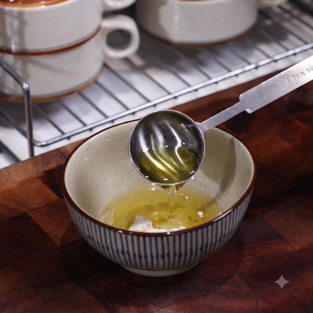 Oil being poured from a spoon into a small bowl containing flour and water for the dumpling batter.