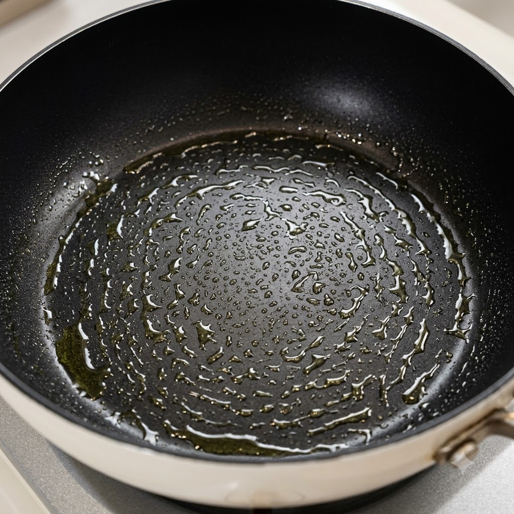A black flat-bottomed frying pan sprayed with droplets of oil, ready for dumplings.