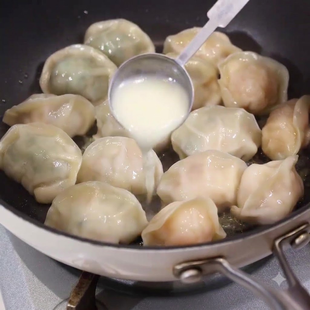 A spoon pouring white liquid batter into the gaps between dumplings cooking in a pan.
