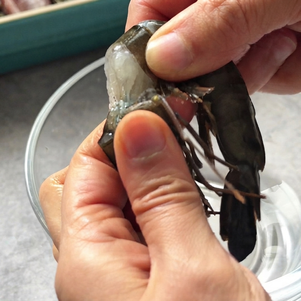 Black tiger shrimp being peeled and deveined over a clear bowl.