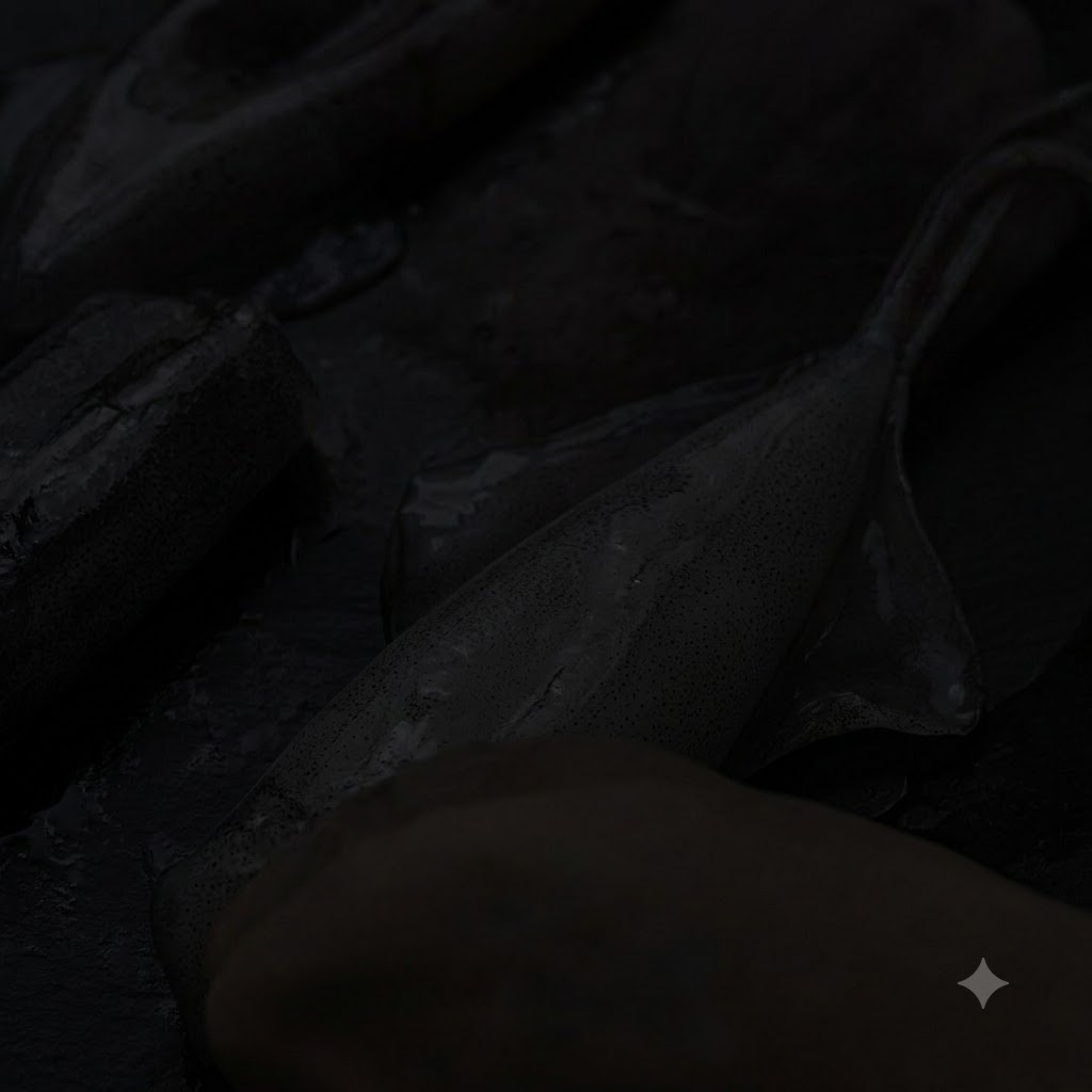 Squid being sliced into sections on a dark cutting board.