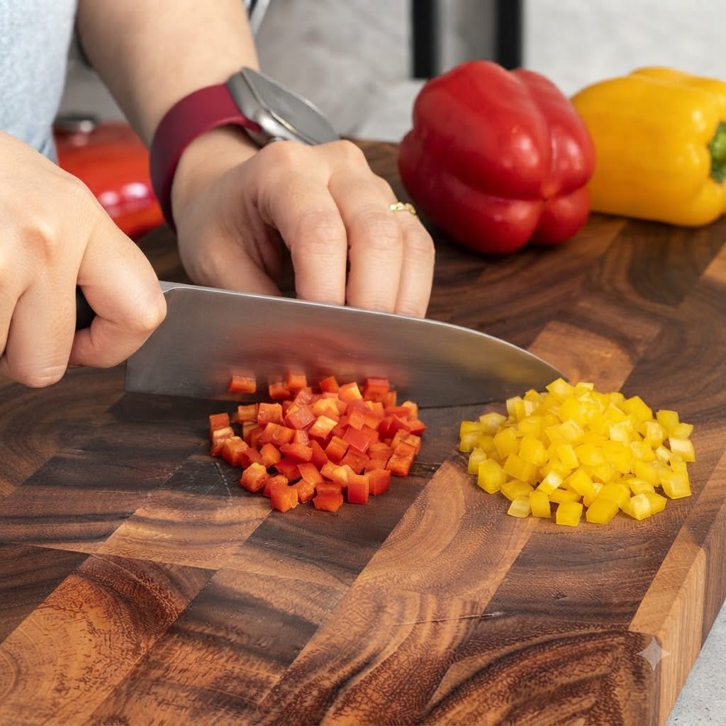 Red and yellow bell peppers being diced with a chefs knife on a wooden board.
