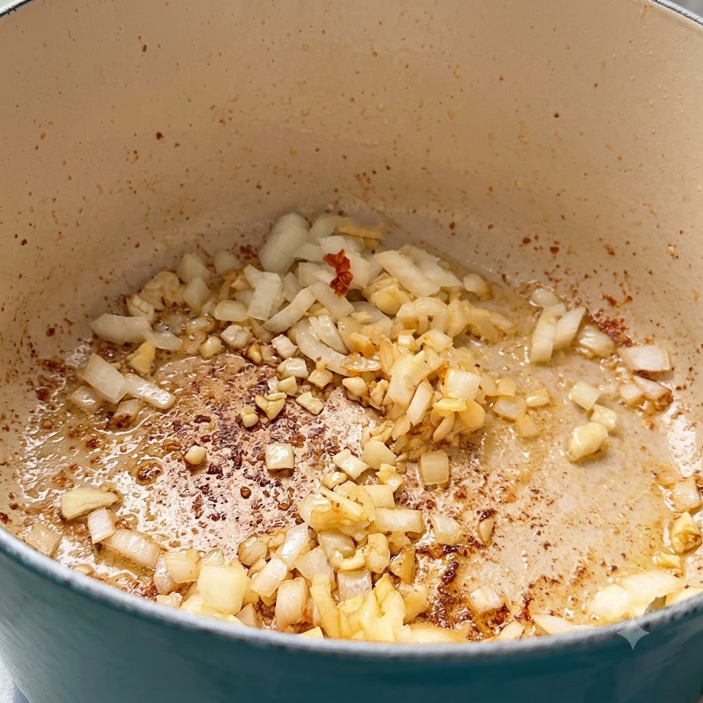 Minced onions and garlic being sautéed in the bottom of a cooking pot.