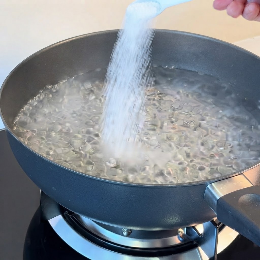 A hand holding a white spoon to pour salt into a dark pot of rapidly boiling water.