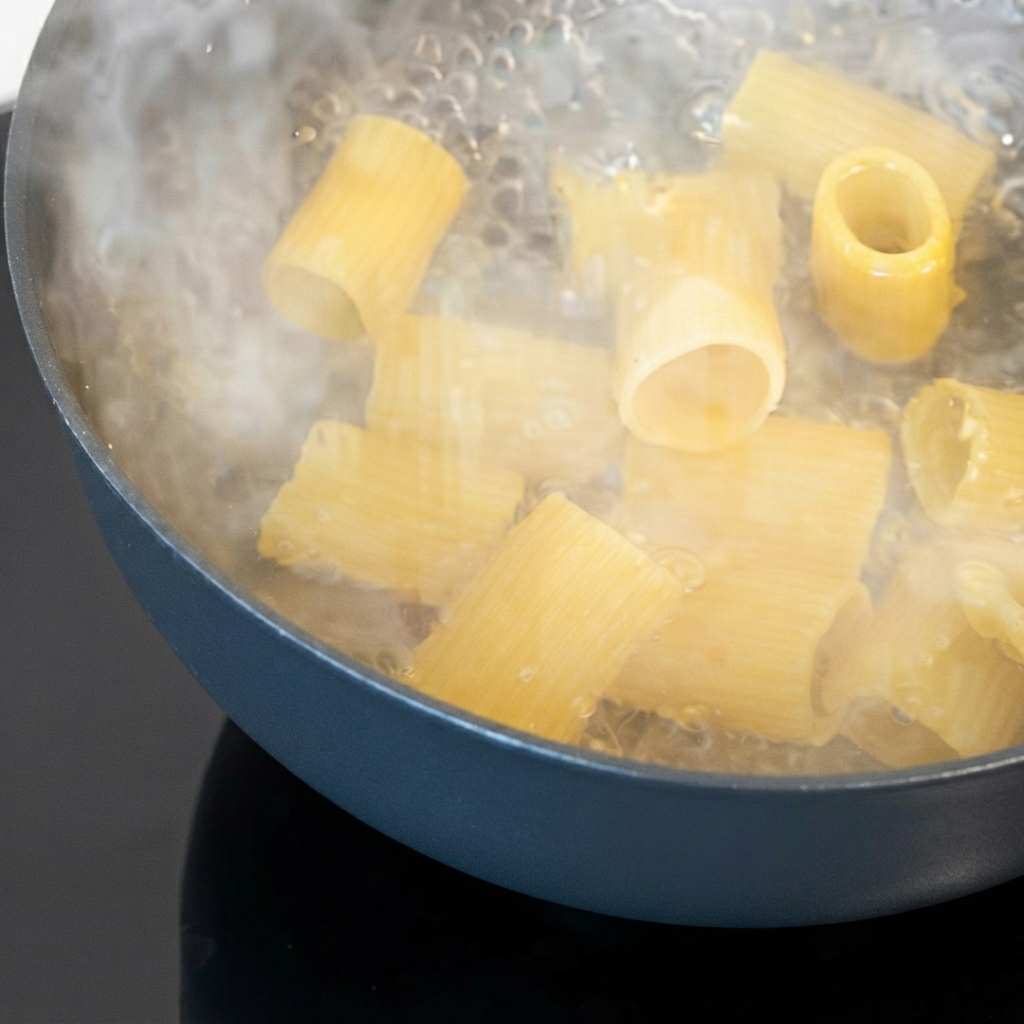 Large dry tube pasta boiling in a pot of hot water.
