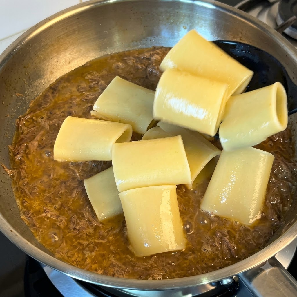 A black skimmer spoon transferring cooked tube pasta into a pan of simmering beef sauce.