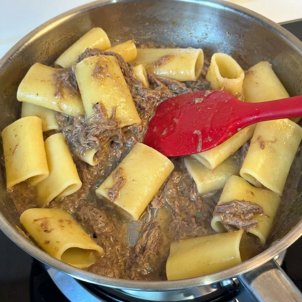Large tube pasta being tossed with shredded beef in a stainless steel pan using a red spatula.