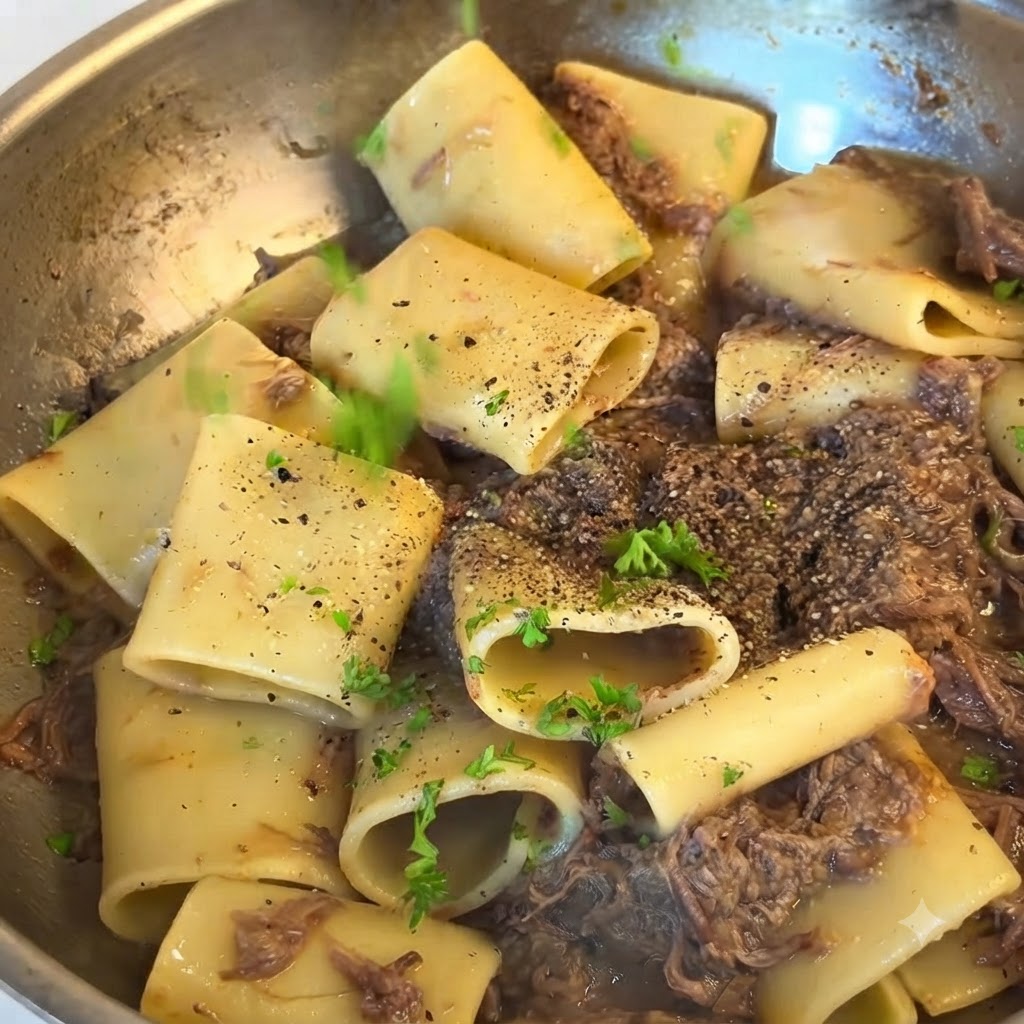 Freshly chopped parsley and black pepper being sprinkled over the pasta dish in the pan.