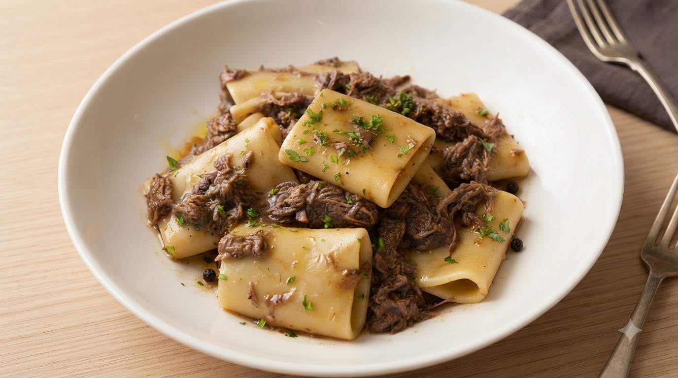 A comforting bowl of large tube pasta tossed in a rich, glossy slow-braised shredded beef sauce.