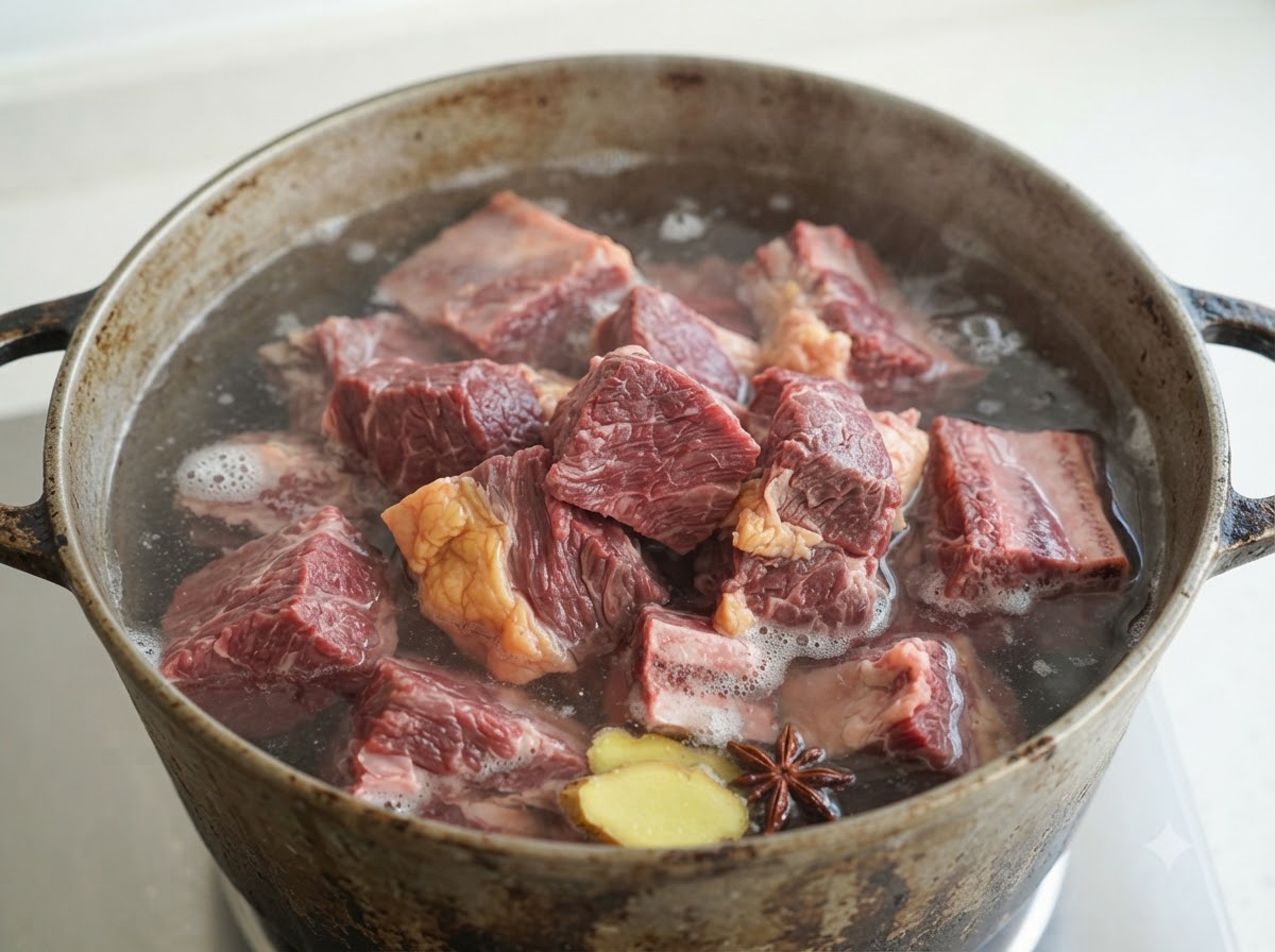 Raw beef and ginger boiling in water with foam on top.