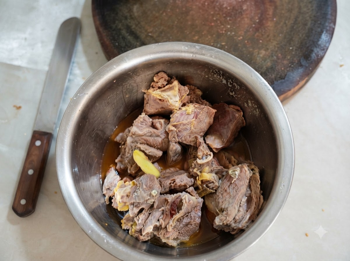 Cooked beef brisket pieces in a metal bowl next to a cutting board.