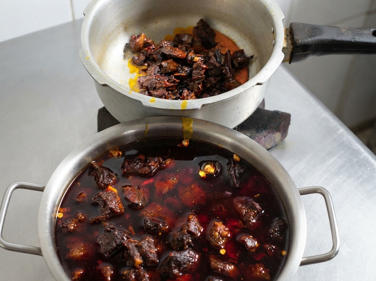 Braised beef and rich red sauce being transferred from a wok into a large metal container.