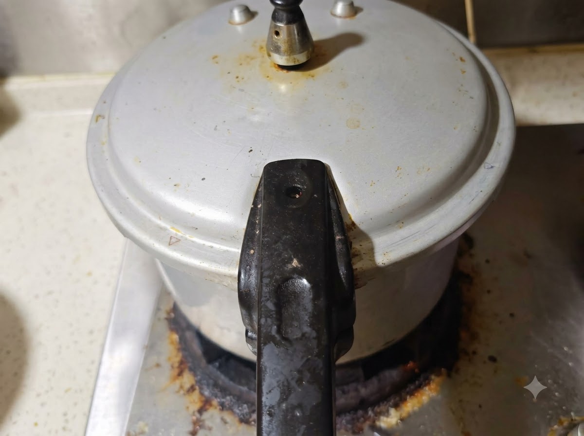 A pressure cooker being loaded with the braised beef mixture, ready to be sealed and cooked.