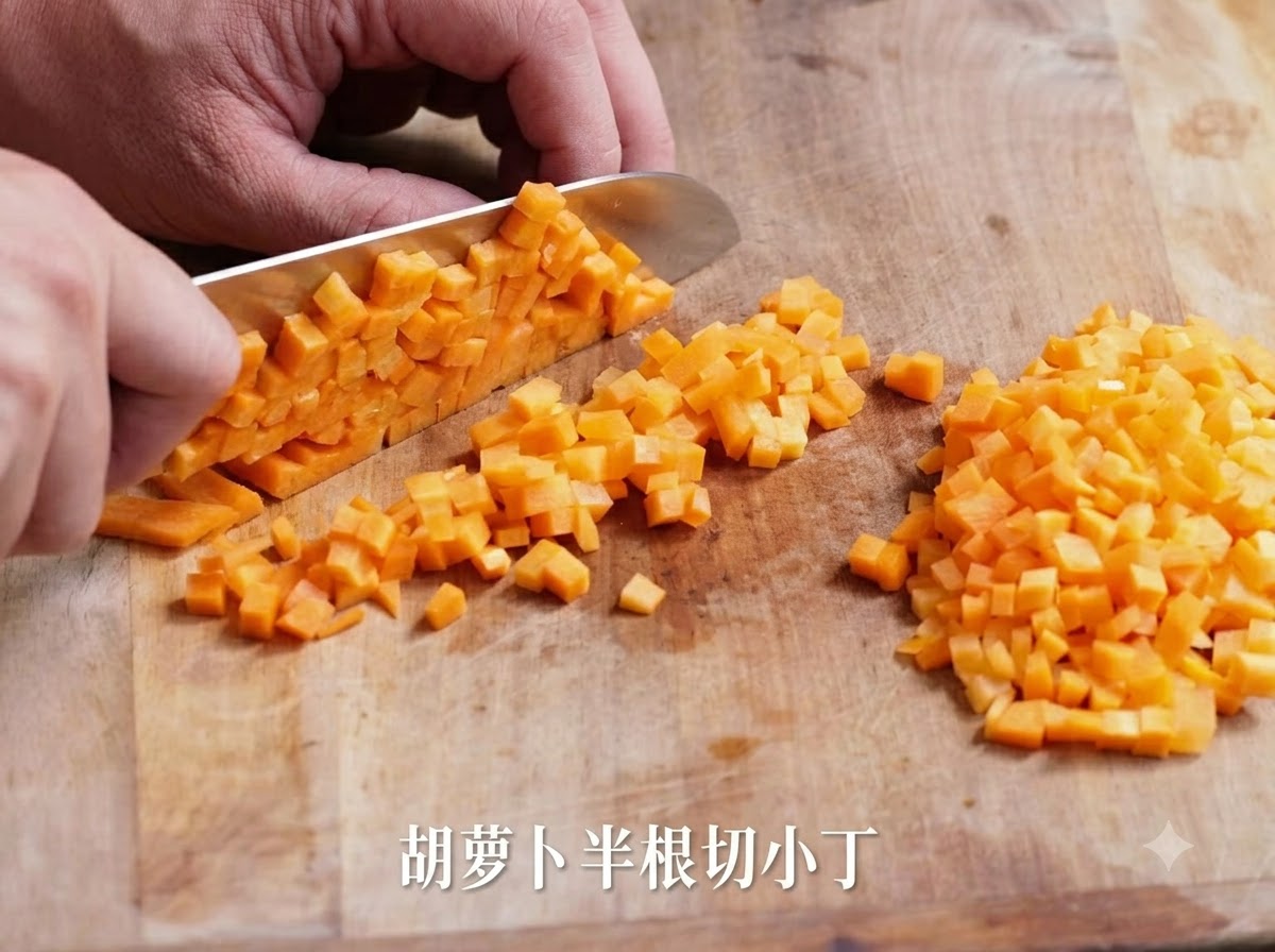 A hand holding a knife, slicing half a carrot into small, uniform cubes on a wooden cutting board.