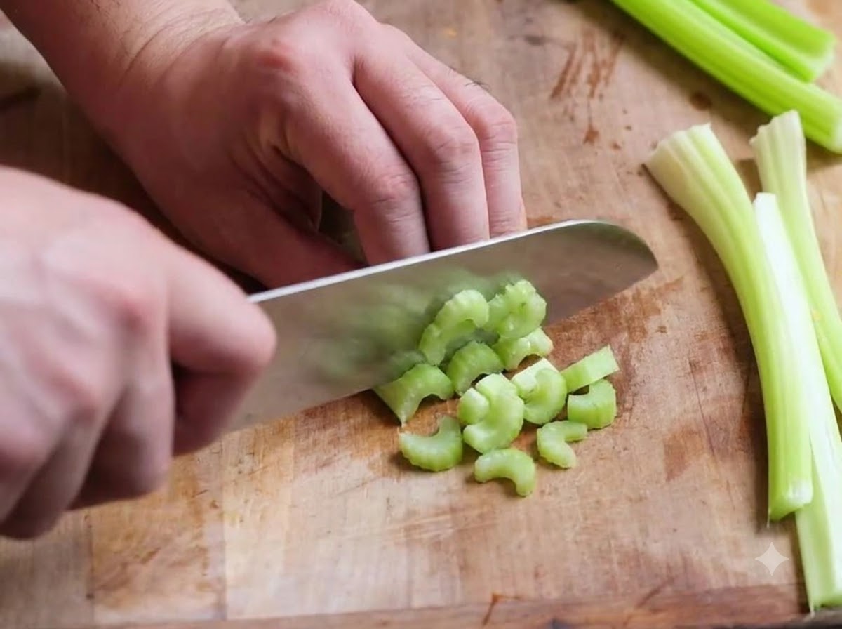 Fresh celery stalks being chopped into small, even pieces on a wooden cutting board.