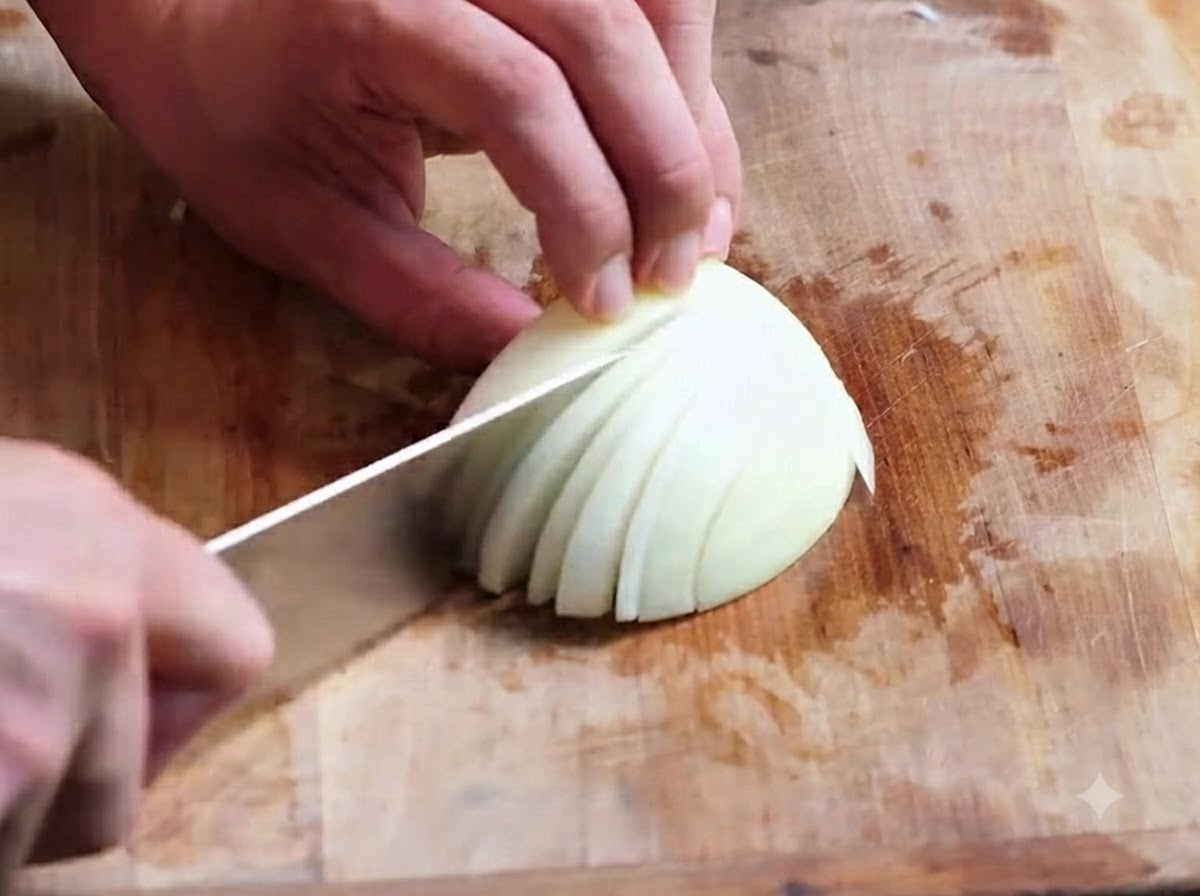 A quarter of an onion being sliced into fine pieces with a knife on a wooden cutting board.