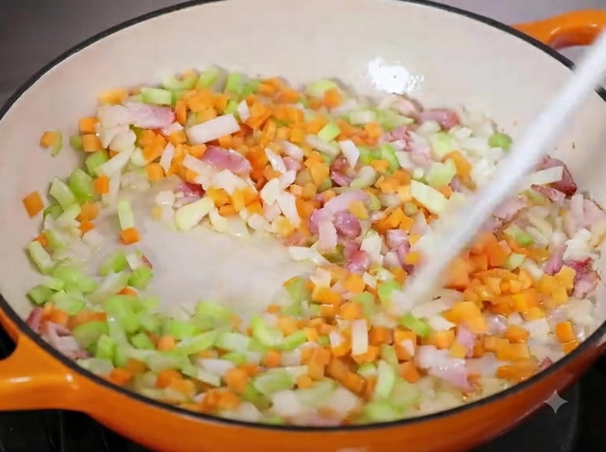 Diced vegetables and bacon being mixed and stirred together in a pan over heat.