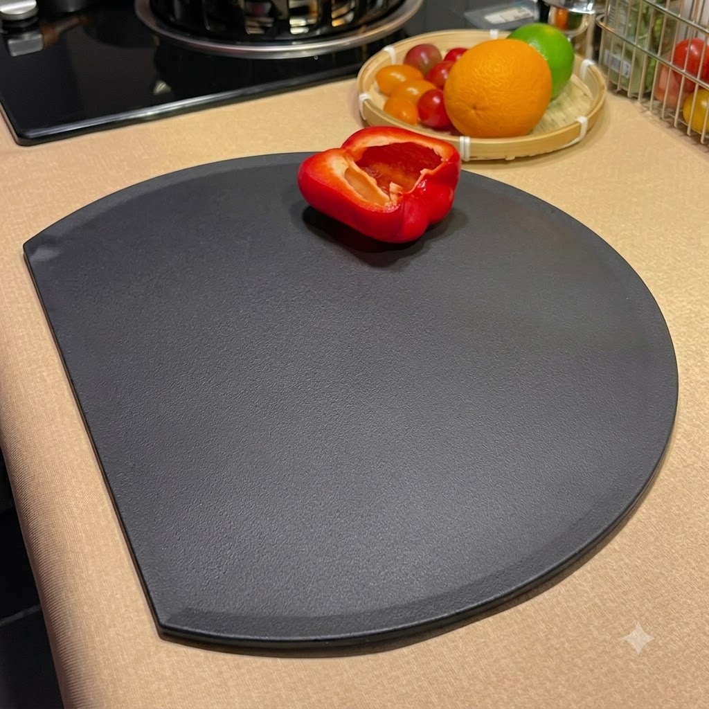 A freshly sliced red bell pepper cut into uniform strips arranged neatly on a black cutting board.